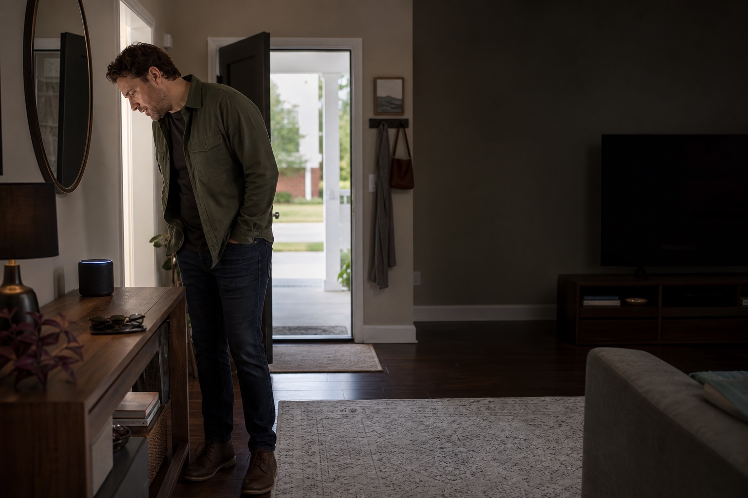 An unfamiliar visitor asking a smart speaker about the homeowner's schedule while the home is empty