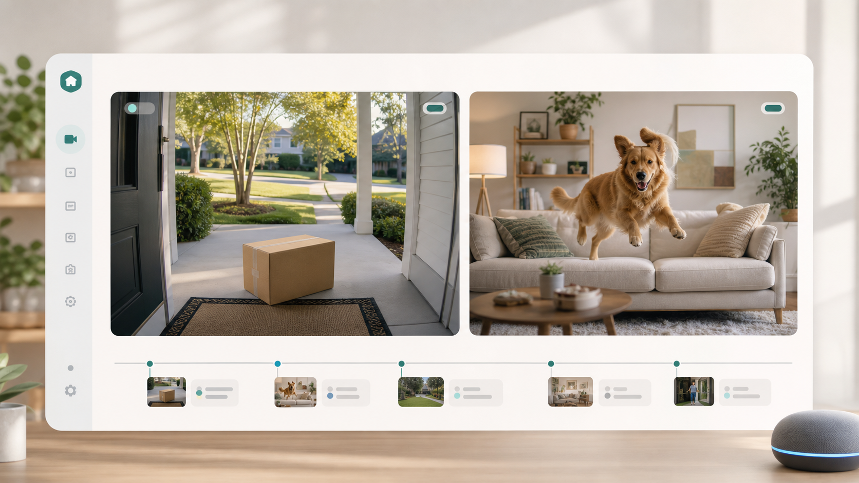 Storyboard of a home video dashboard with a package scene and a pet highlight scene.