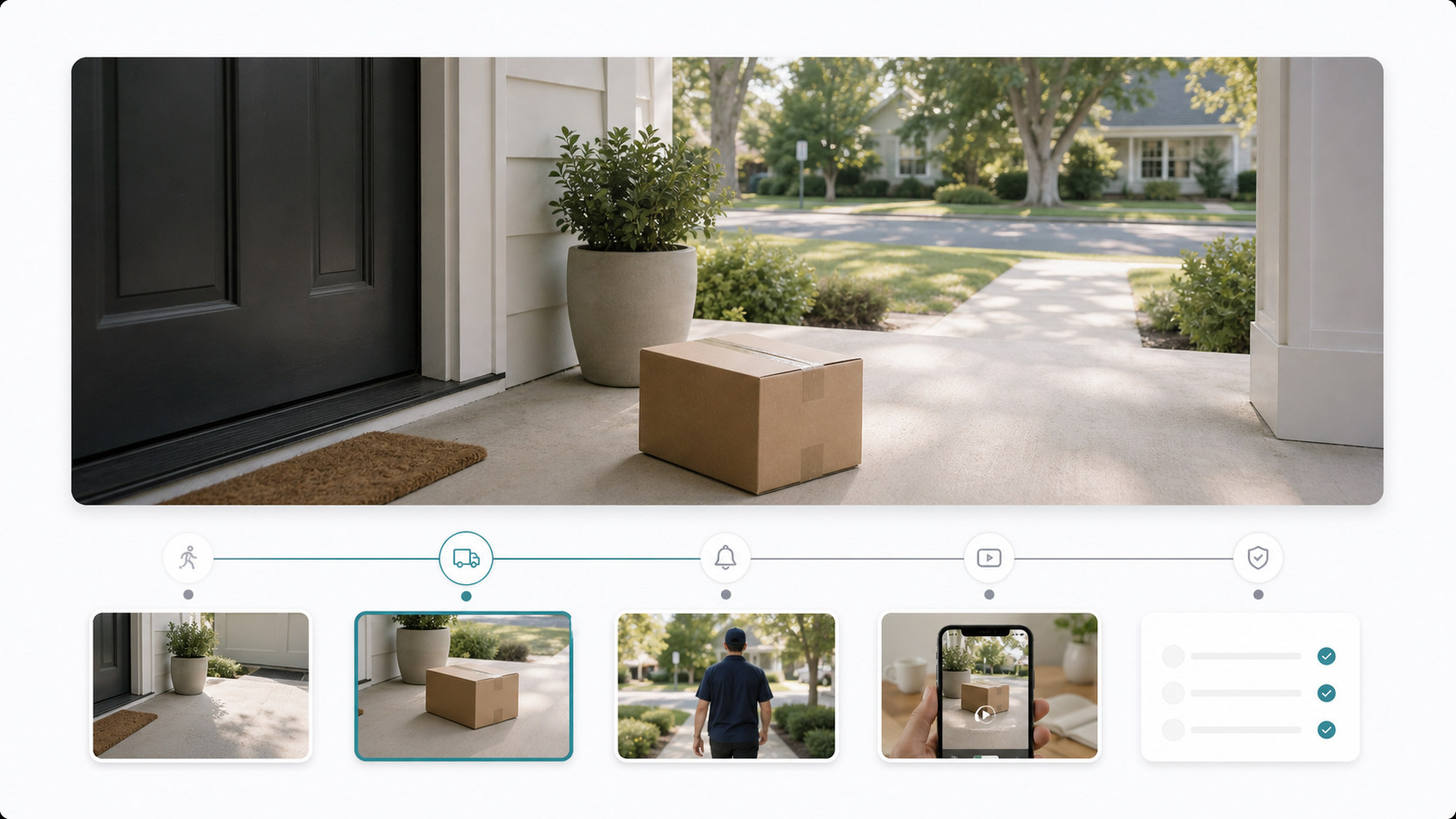 Storyboard of a front porch camera view with a delivered package and an event timeline.